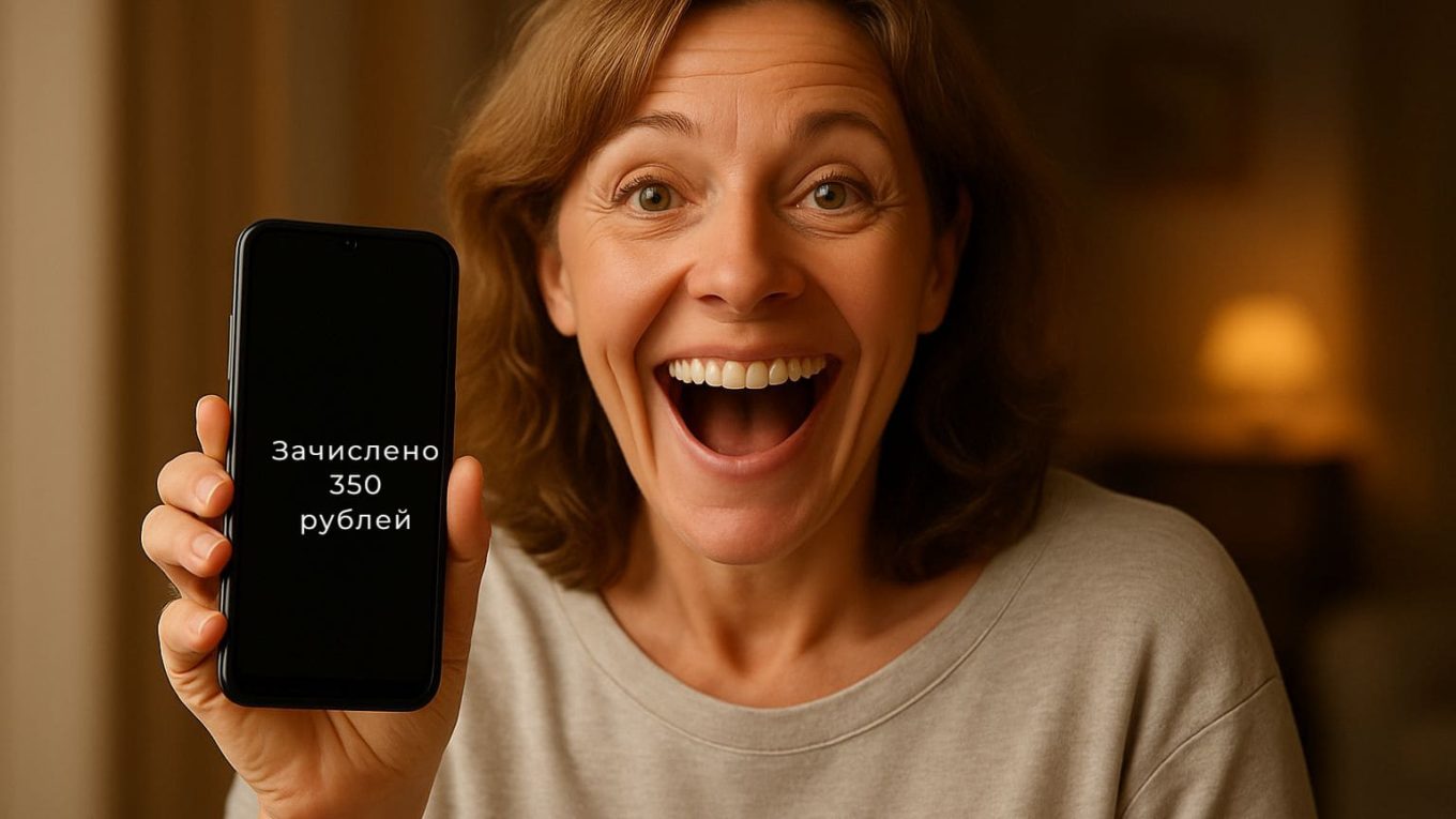 Первые 350 рублей выплата-символ начала. У женщины на лице огромная радость.В телефоне отражается её первая выплата по партнёркам